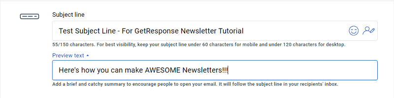 GetResponse Newsletter - Enter Subject Line and Preview Text