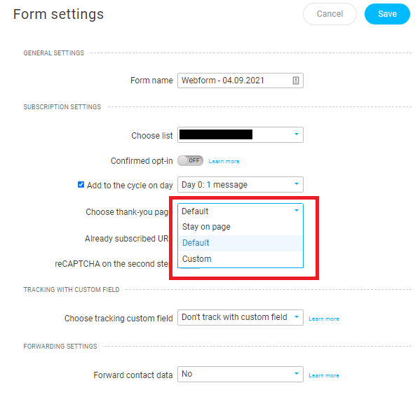 GetResponse Form Settings - Choose Thank you page