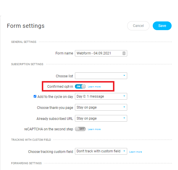 GetResponse Form Settings - Confirmed Opt In Option