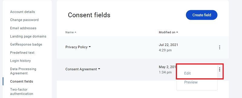 GetResponse - Edit Consent Fields